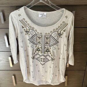 Cactus Bay Apparel Gray Gold Southwestern Rhinestone Women's Top Size Medium EUC